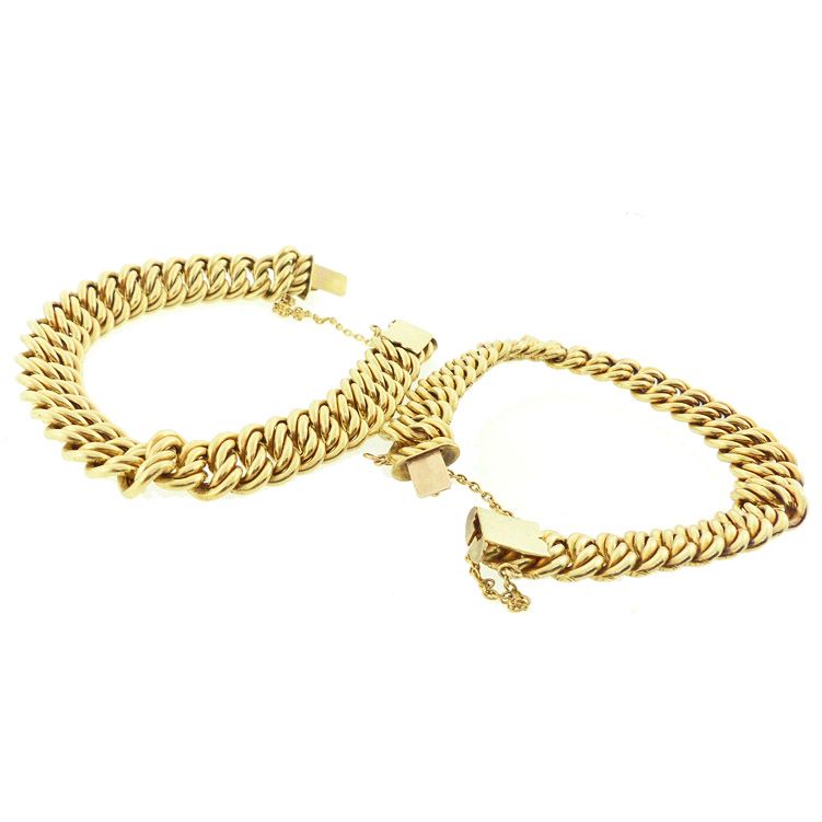 Pair Imperial Austrian 14K Gold Repousse Double Curb Link Bracelets