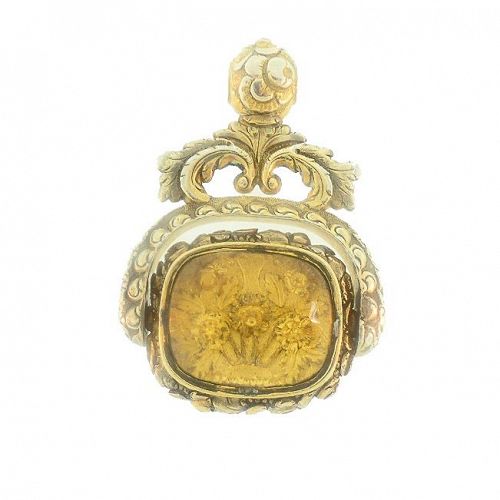 Georgian 15K Gold, Rock Crystal & Banded Agate Flip Watch Fob Seal