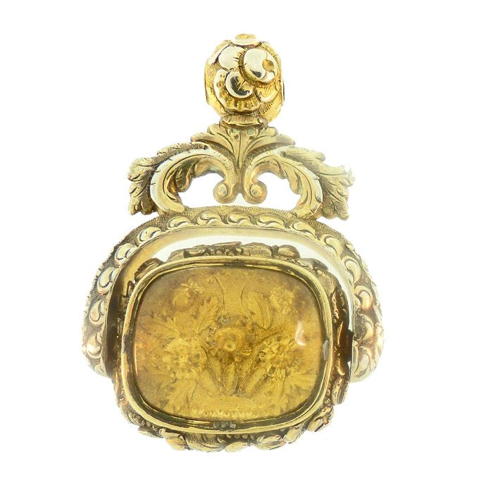 Georgian 15K Gold, Rock Crystal &amp; Banded Agate Flip Watch Fob Seal