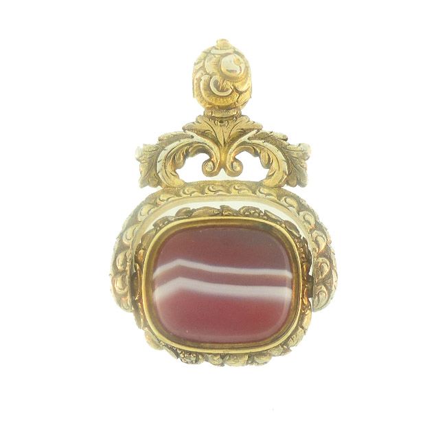 Georgian 15K Gold, Rock Crystal &amp; Banded Agate Flip Watch Fob Seal