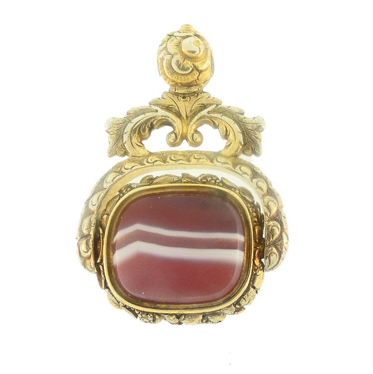 Georgian 15K Gold, Rock Crystal &amp; Banded Agate Flip Watch Fob Seal