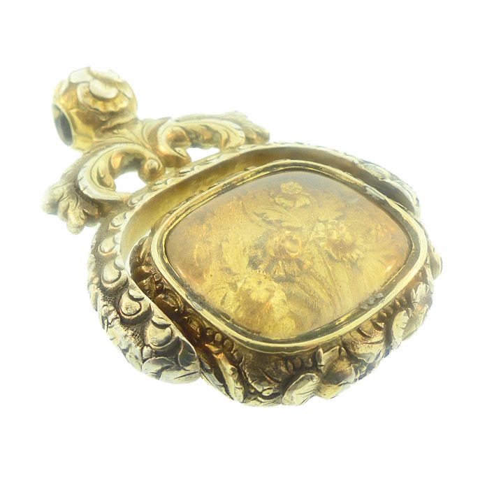 Georgian 15K Gold, Rock Crystal &amp; Banded Agate Flip Watch Fob Seal