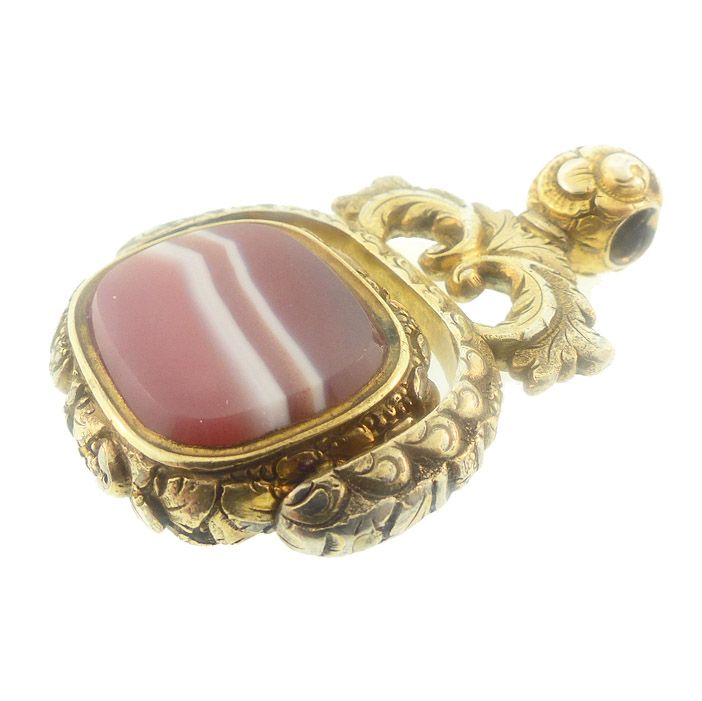 Georgian 15K Gold, Rock Crystal &amp; Banded Agate Flip Watch Fob Seal