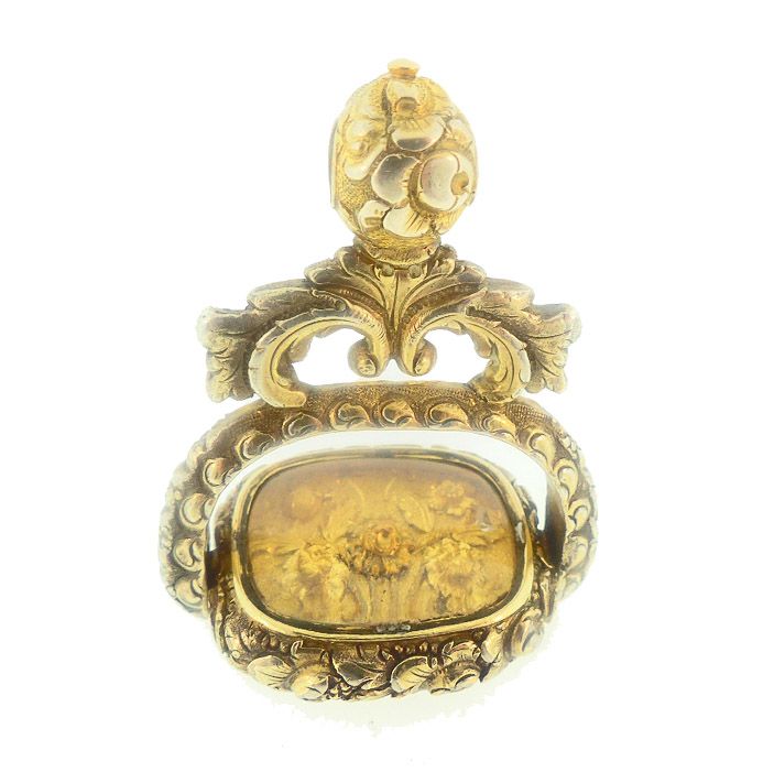 Georgian 15K Gold, Rock Crystal &amp; Banded Agate Flip Watch Fob Seal