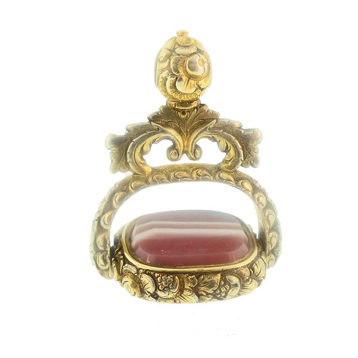 Georgian 15K Gold, Rock Crystal &amp; Banded Agate Flip Watch Fob Seal