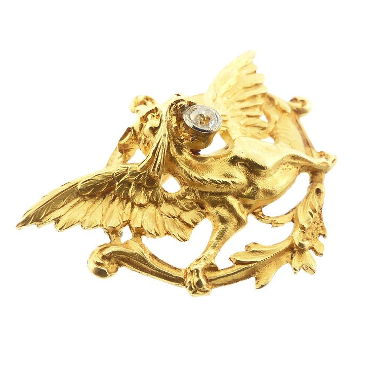 French Victorian Art Nouveau 18K Gold &amp; Diamond Griffin Pendant Brooch