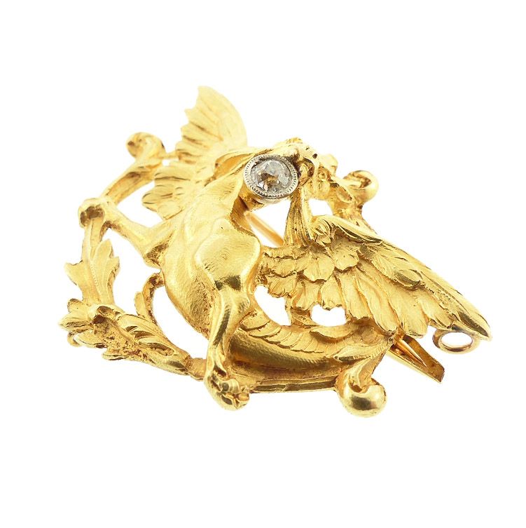 French Victorian Art Nouveau 18K Gold &amp; Diamond Griffin Pendant Brooch