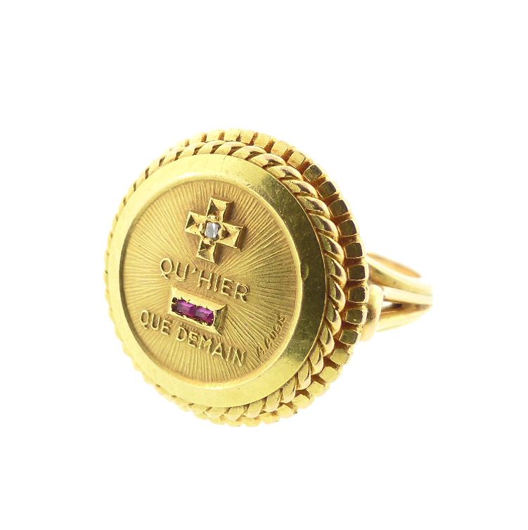 A. Augis 18K Gold, Ruby &amp; Diamond PLUS QU’HIER Love Token Ring