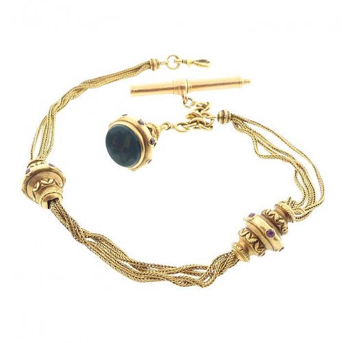 French Louis XVIII 18K Gold, Ruby & Bloodstone Watch Chain, Key, Slide