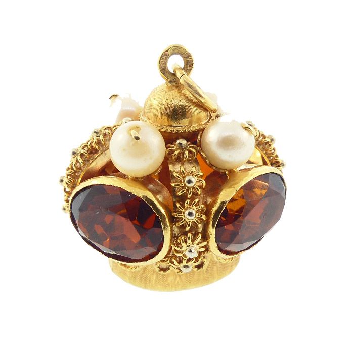 Venetian Etruscan 18K Gold, Citrine &amp; Pearl Crown Fob Charm Pendant