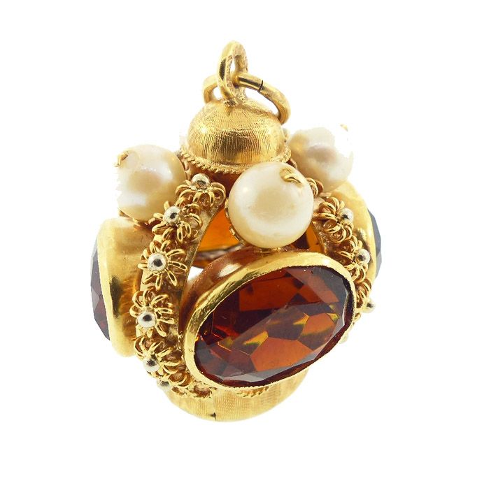 Venetian Etruscan 18K Gold, Citrine &amp; Pearl Crown Fob Charm Pendant