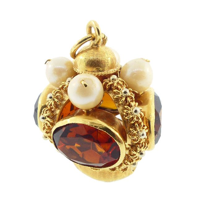 Venetian Etruscan 18K Gold, Citrine &amp; Pearl Crown Fob Charm Pendant