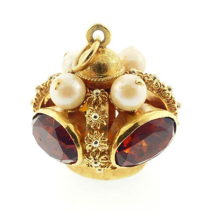 Venetian Etruscan 18K Gold, Citrine &amp; Pearl Crown Fob Charm Pendant