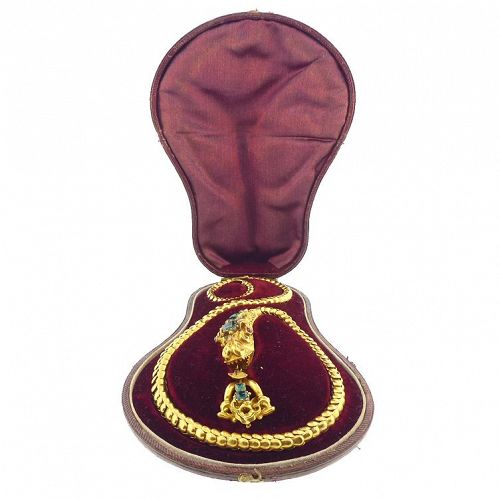 Victorian Romantic Period 18K Gold, Emerald & Garnet Snake Necklace