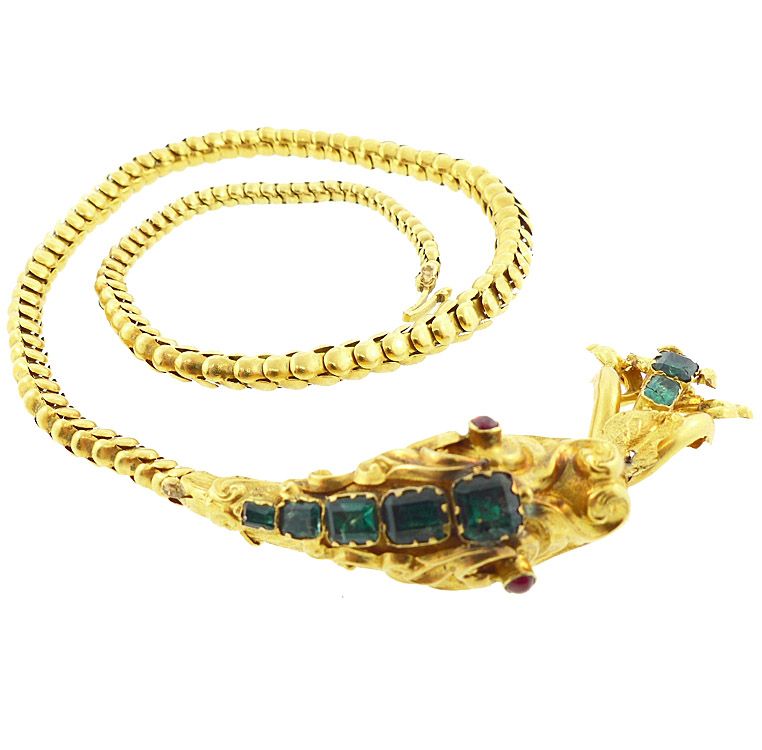 Victorian Romantic Period 18K Gold, Emerald &amp; Garnet Snake Necklace