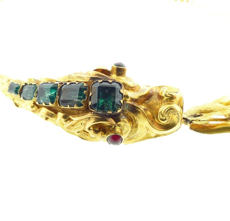 Victorian Romantic Period 18K Gold, Emerald &amp; Garnet Snake Necklace