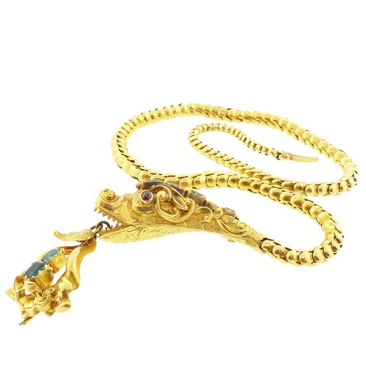 Victorian Romantic Period 18K Gold, Emerald &amp; Garnet Snake Necklace