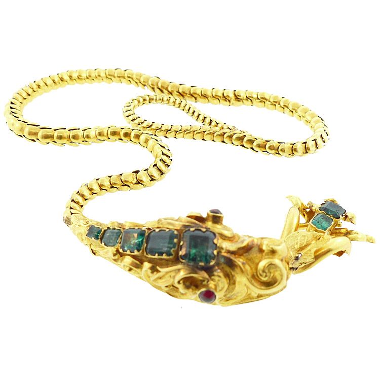 Victorian Romantic Period 18K Gold, Emerald &amp; Garnet Snake Necklace