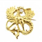 French Victorian Art Nouveau 18K Gold Diamond Griffin Pendant / Brooch