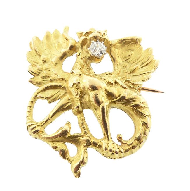 French Victorian Art Nouveau 18K Gold Diamond Griffin Pendant / Brooch