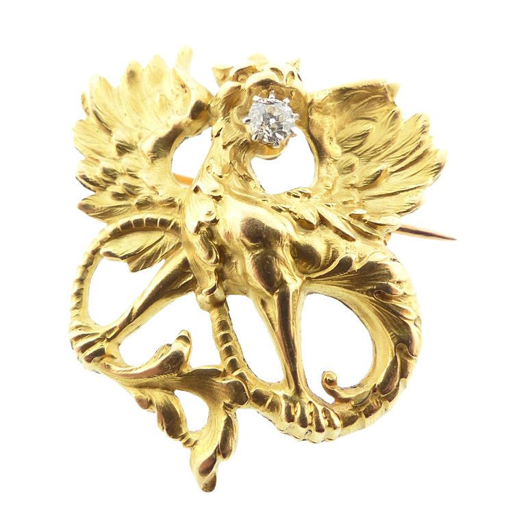 French Victorian Art Nouveau 18K Gold Diamond Griffin Pendant / Brooch