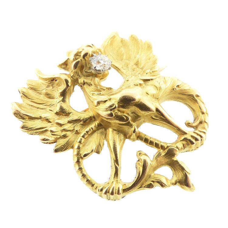 French Victorian Art Nouveau 18K Gold Diamond Griffin Pendant / Brooch