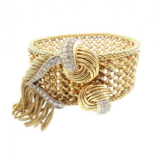 French 18K Gold, Platinum & Diamond Maille Polonaise Strap Bracelet