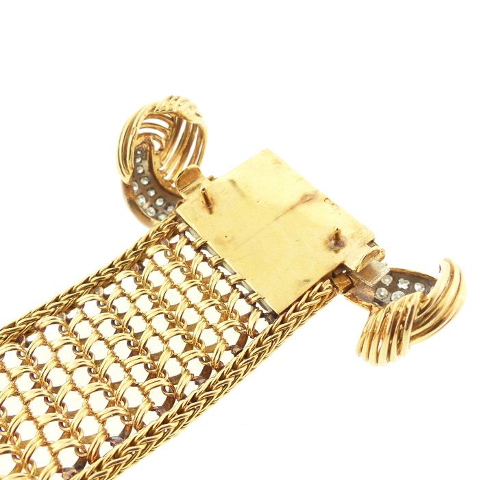 French 18K Gold, Platinum &amp; Diamond Maille Polonaise Strap Bracelet