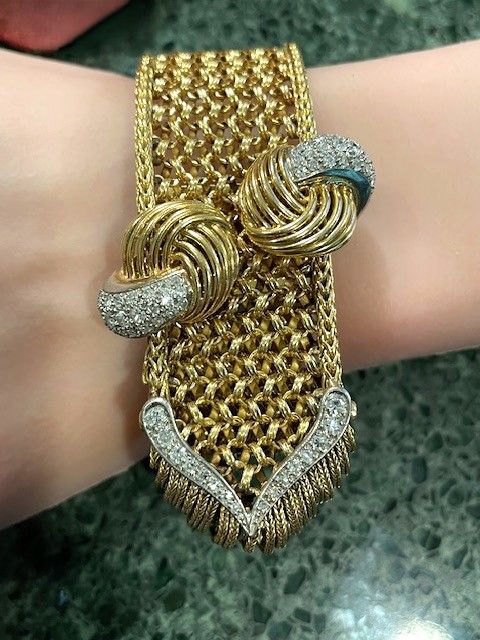 French 18K Gold, Platinum &amp; Diamond Maille Polonaise Strap Bracelet