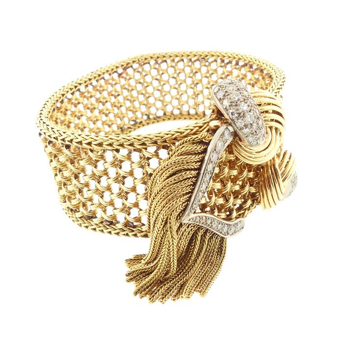 French 18K Gold, Platinum &amp; Diamond Maille Polonaise Strap Bracelet