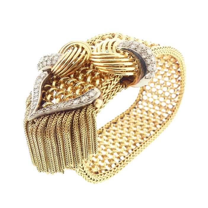 French 18K Gold, Platinum &amp; Diamond Maille Polonaise Strap Bracelet