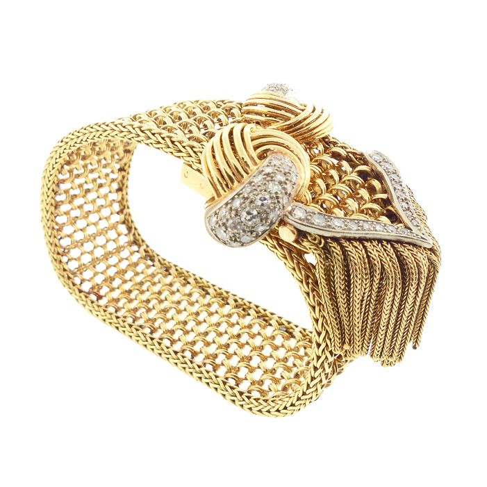 French 18K Gold, Platinum &amp; Diamond Maille Polonaise Strap Bracelet