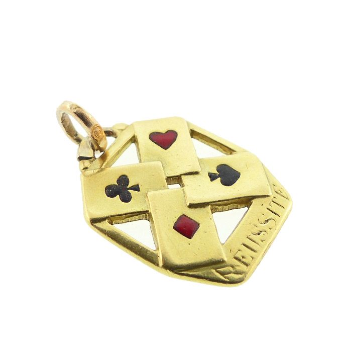 Art Deco French 18K Gold &amp; Enamel Four Aces Lucky Charm / Pendant