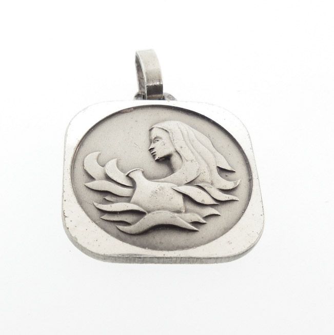 Vintage French Silver Modernist Zodiac Aquarius Pendant or Charm