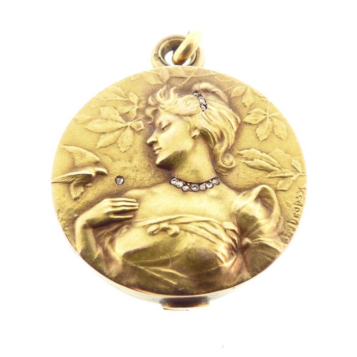 French Art Nouveau 18K Gold &amp; Diamond Sliding Locket by Emile Dropsy