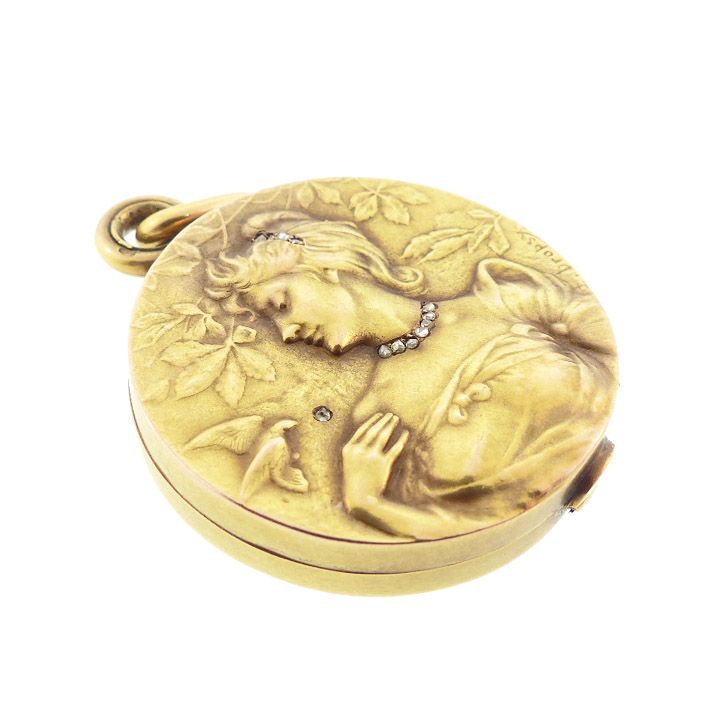 French Art Nouveau 18K Gold &amp; Diamond Sliding Locket by Emile Dropsy