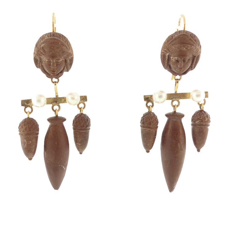 Victorian Grand Tour 15K Gold, Pearl &amp; Lava Girandole Earrings