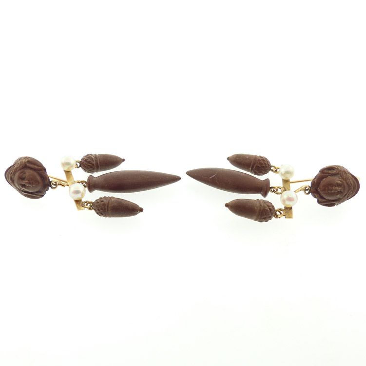 Victorian Grand Tour 15K Gold, Pearl &amp; Lava Girandole Earrings