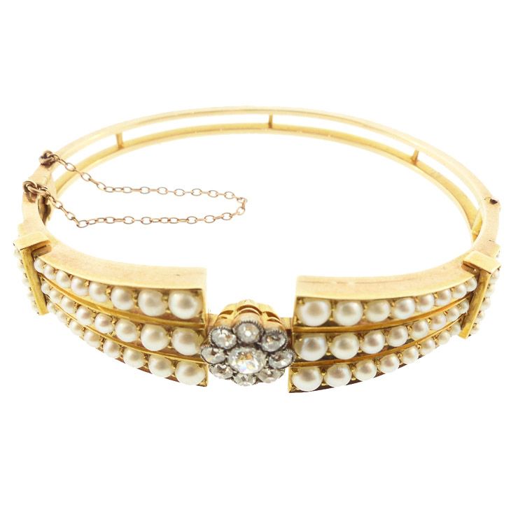 English Victorian 15K Gold, Natural Pearl &amp; Diamond Bangle Bracelet