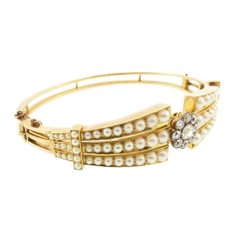 English Victorian 15K Gold, Natural Pearl &amp; Diamond Bangle Bracelet