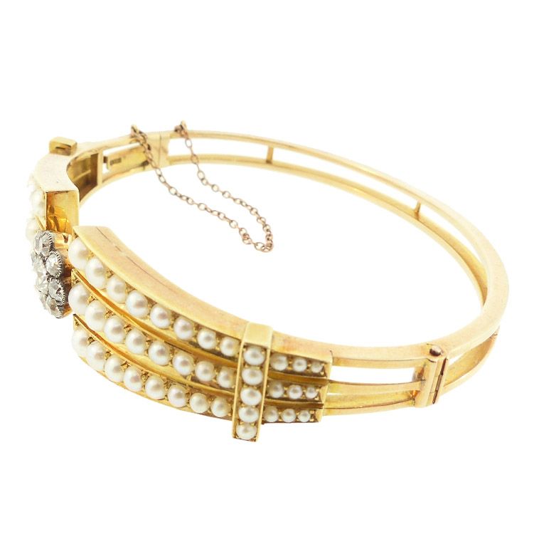 English Victorian 15K Gold, Natural Pearl &amp; Diamond Bangle Bracelet