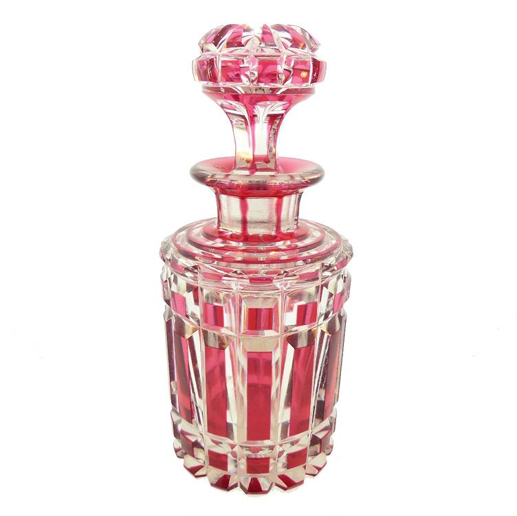 French Cranberry Overlay Cut Crystal Perfume Bottle