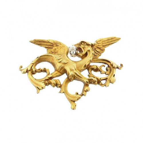 French Victorian Art Nouveau 18K Gold & Diamond Griffin Pendant