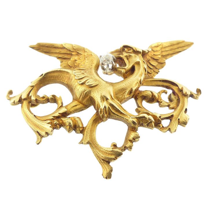 French Victorian Art Nouveau 18K Gold &amp; Diamond Griffin Pendant