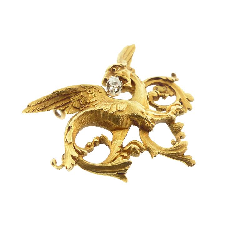 French Victorian Art Nouveau 18K Gold &amp; Diamond Griffin Pendant