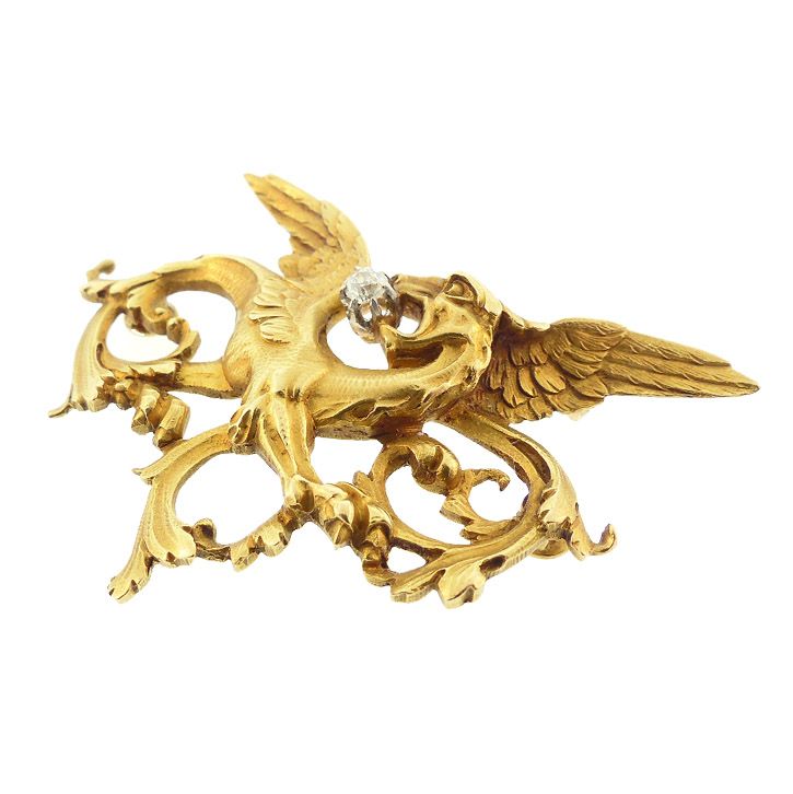 French Victorian Art Nouveau 18K Gold &amp; Diamond Griffin Pendant