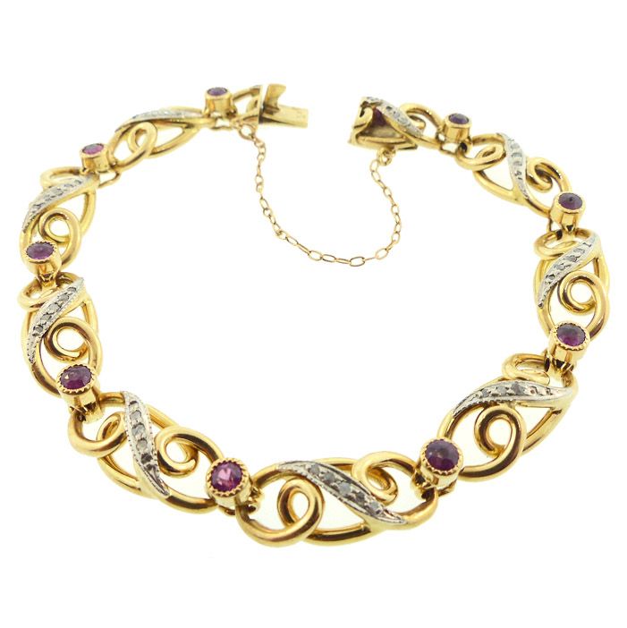 French Edwardian 18K Gold, Platinum, Diamond Ruby Fancy Link Bracelet