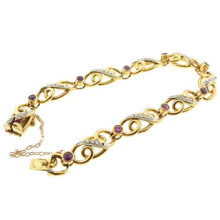 French Edwardian 18K Gold, Platinum, Diamond Ruby Fancy Link Bracelet