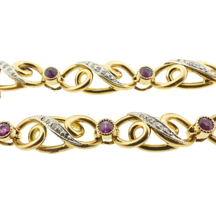 French Edwardian 18K Gold, Platinum, Diamond Ruby Fancy Link Bracelet