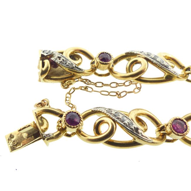 French Edwardian 18K Gold, Platinum, Diamond Ruby Fancy Link Bracelet